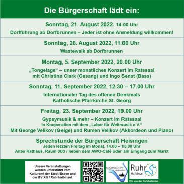 Veranstaltungen der Bürgerschaft im August / September 2022
